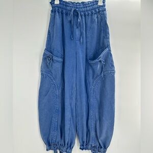 MitoShop Blue Washed Cotton Balloon Pants Women’s Boho Harem Jogger Drawstring